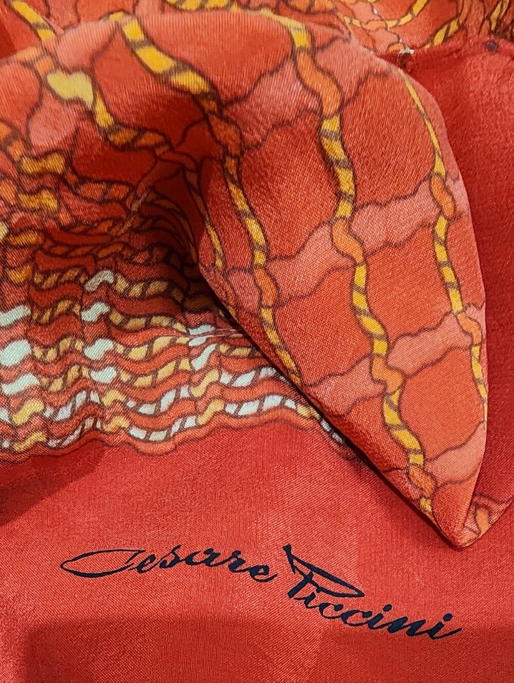 Vintage 1980s Cesare Tuccini Silk Scarf 34x34 Red Orange Abstract Hand Rolled